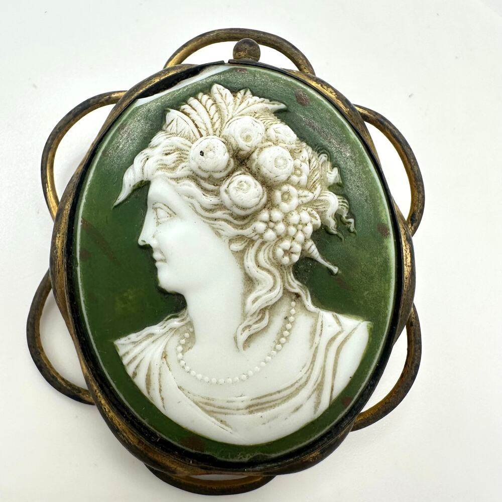 Antique Victorian 1800s hand carved white green porcelain cameo gold tone brooch